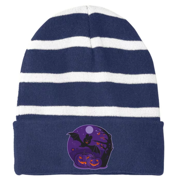 Halloween Bat and Pumpkins Striped Beanie with Solid Band