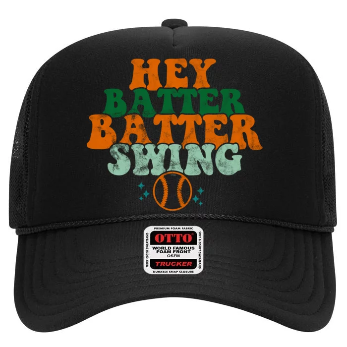 Hey Batter Batter Swing Baseball Retro High Crown Mesh Trucker Hat