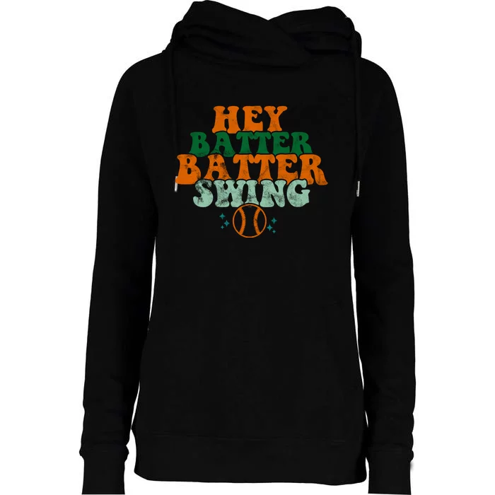 Hey Batter Batter Swing Baseball Retro Womens Funnel Neck Pullover Hood