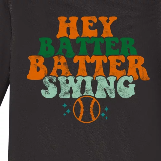 Hey Batter Batter Swing Baseball Retro Baby Long Sleeve Bodysuit