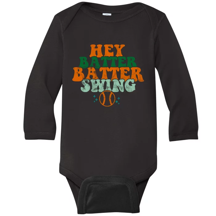 Hey Batter Batter Swing Baseball Retro Baby Long Sleeve Bodysuit