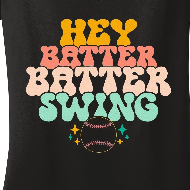 Hey Batter Batter Swing Funny Baseball Pitcher Support Women's V-Neck T-Shirt