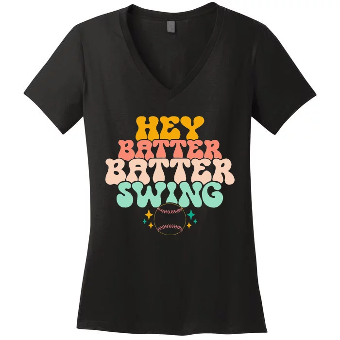 Hey Batter Batter Swing Funny Baseball Pitcher Support Women's V-Neck T-Shirt