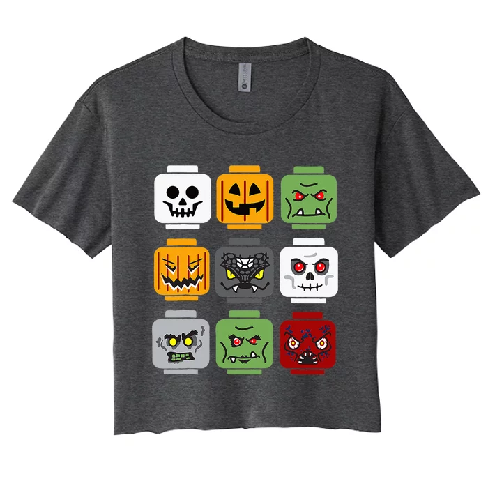 Halloween Building Brick Head Pumpkin Ghost Zombie Friends Women's Crop Top Tee