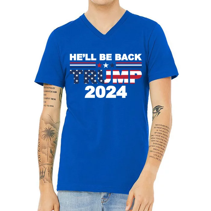 HeLl Be Back Trump 2024 American Flag Vintage Gift V-Neck T-Shirt