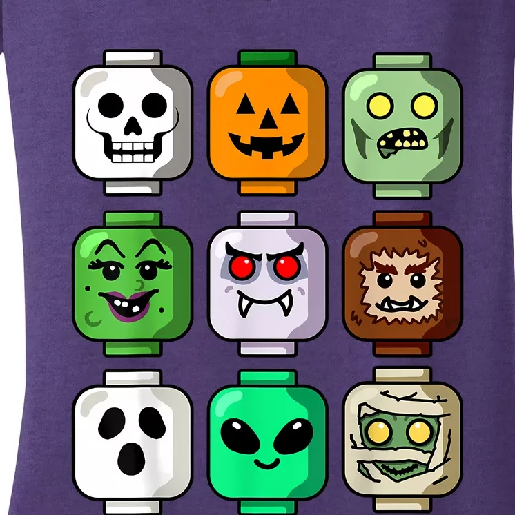 Halloween Building Brick Head Pumpkin Ghost Zombie Women's V-Neck T-Shirt