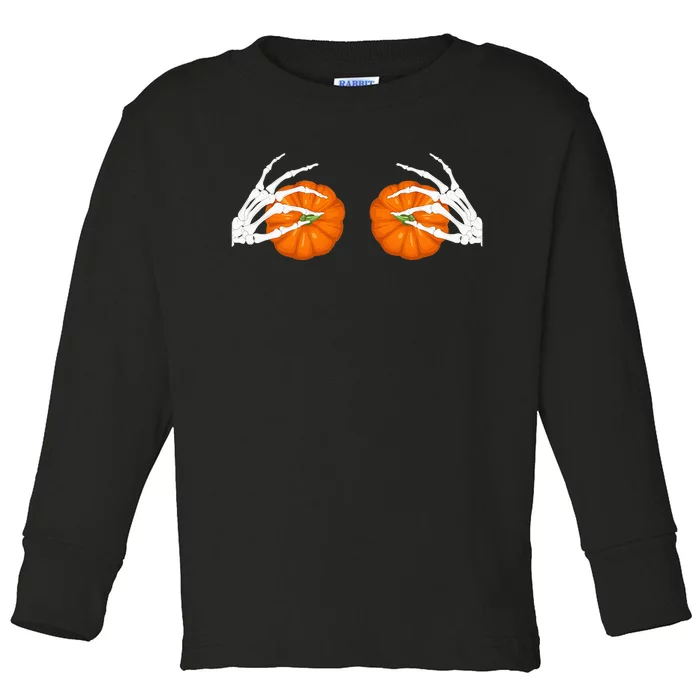 Halloween Bikini Boob Pumpkin Skeleton Hand On Breast Toddler Long Sleeve Shirt