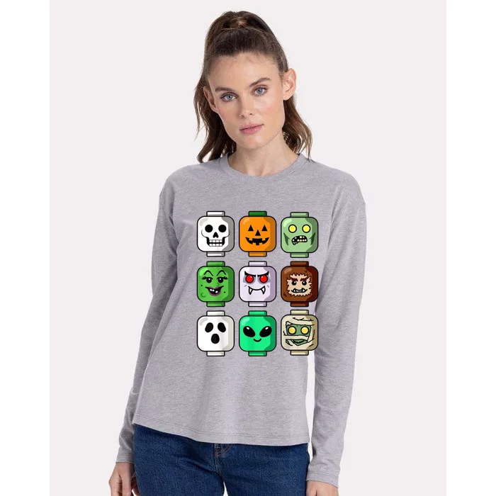 Halloween Building Brick Head Pumpkin Ghost Zombie Womens Cotton Relaxed Long Sleeve T-Shirt