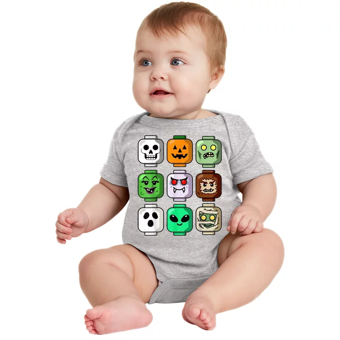 Halloween Building Brick Head Pumpkin Ghost Zombie Baby Bodysuit