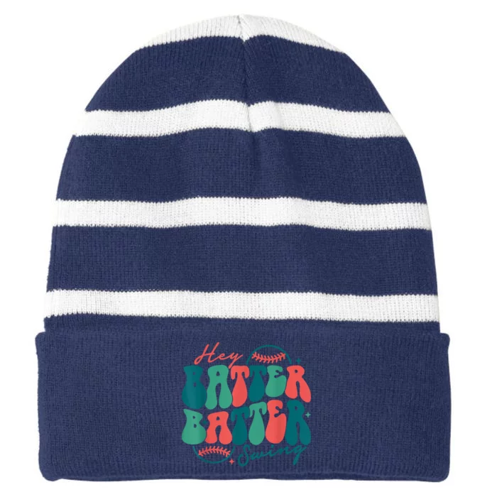 Hey Batter Batter Swing Funny Baseball Mom Mothers Day Striped Beanie with Solid Band