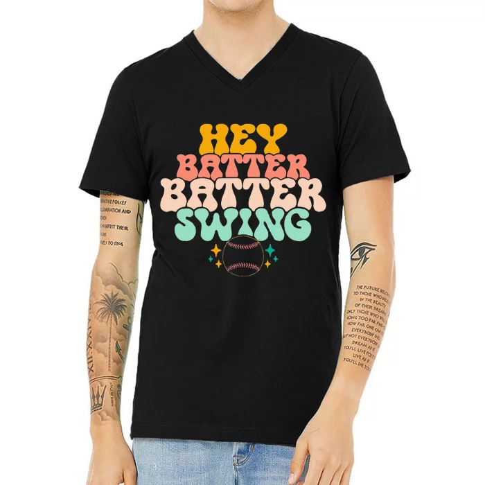 Hey Batter Batter Swing Funny Baseball Pitcher Support V-Neck T-Shirt