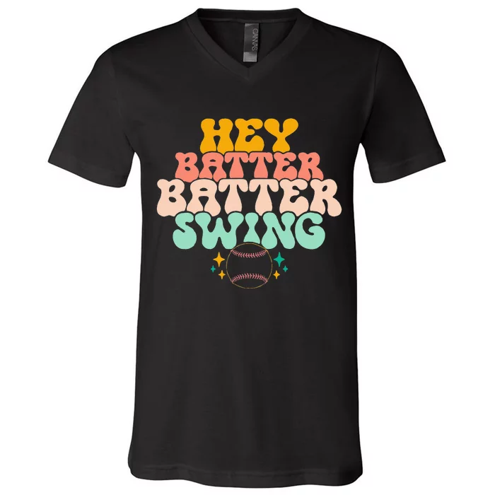 Hey Batter Batter Swing Funny Baseball Pitcher Support V-Neck T-Shirt