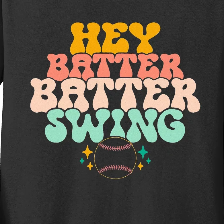 Hey Batter Batter Swing Funny Baseball Pitcher Support Kids Long Sleeve Shirt