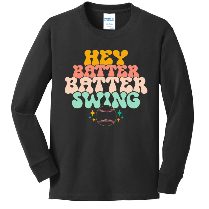 Hey Batter Batter Swing Funny Baseball Pitcher Support Kids Long Sleeve Shirt