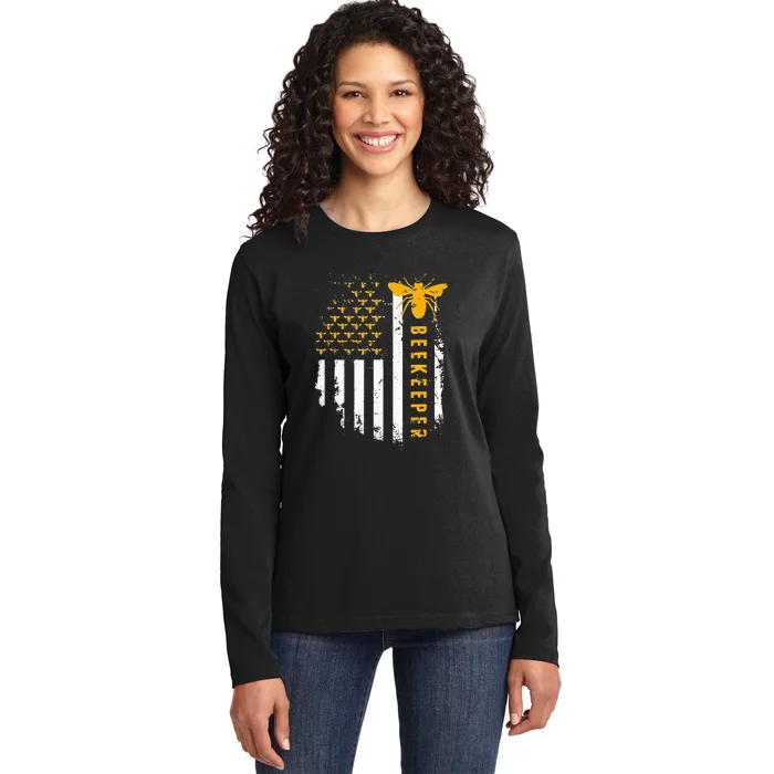 Honey Bee Beekeeping Flag US Beekeeper Ladies Long Sleeve Shirt