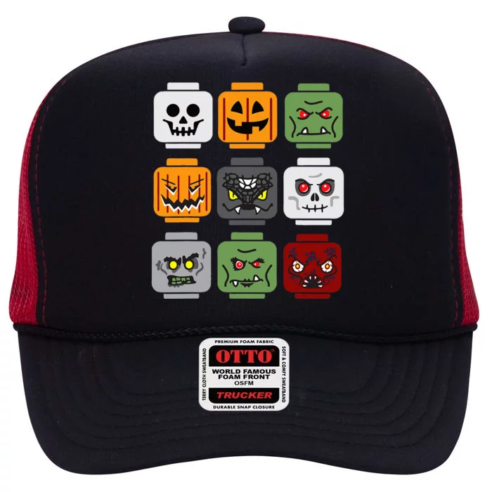 Halloween Building Brick Head Pumpkin Ghost Zombie Friends High Crown Mesh Trucker Hat