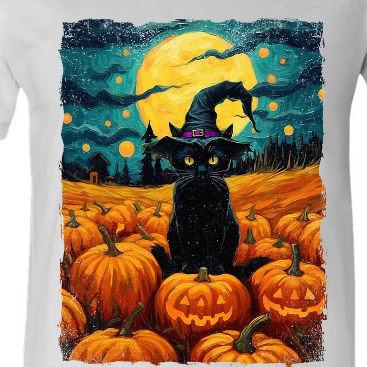 Halloween Black Cat Van Gogh Witch Kawaii Pumpkin V-Neck T-Shirt