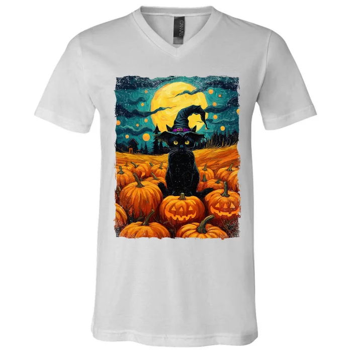 Halloween Black Cat Van Gogh Witch Kawaii Pumpkin V-Neck T-Shirt