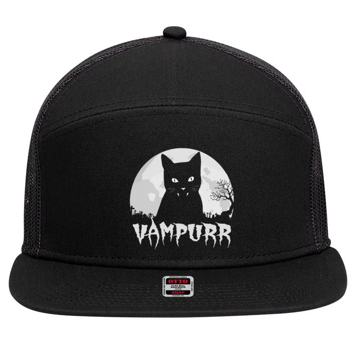 Halloween Black Cat Vampire With Full Moon Vampurr Pun 7 Panel Mesh Trucker Snapback Hat