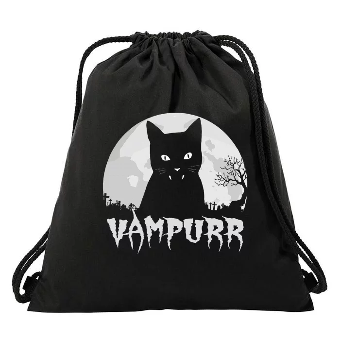 Halloween Black Cat Vampire With Full Moon Vampurr Pun Drawstring Bag