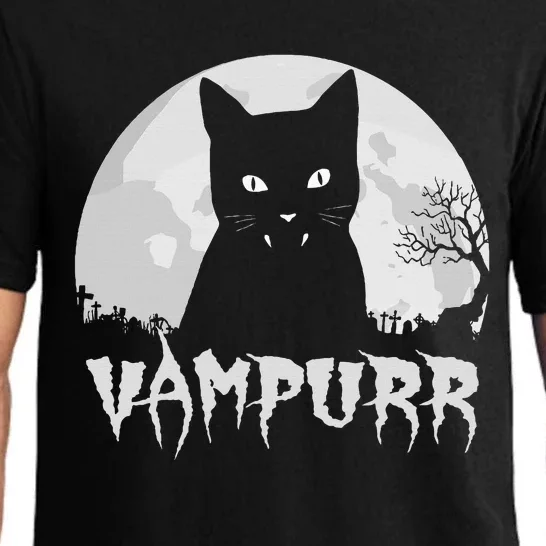 Halloween Black Cat Vampire With Full Moon Vampurr Pun Pajama Set