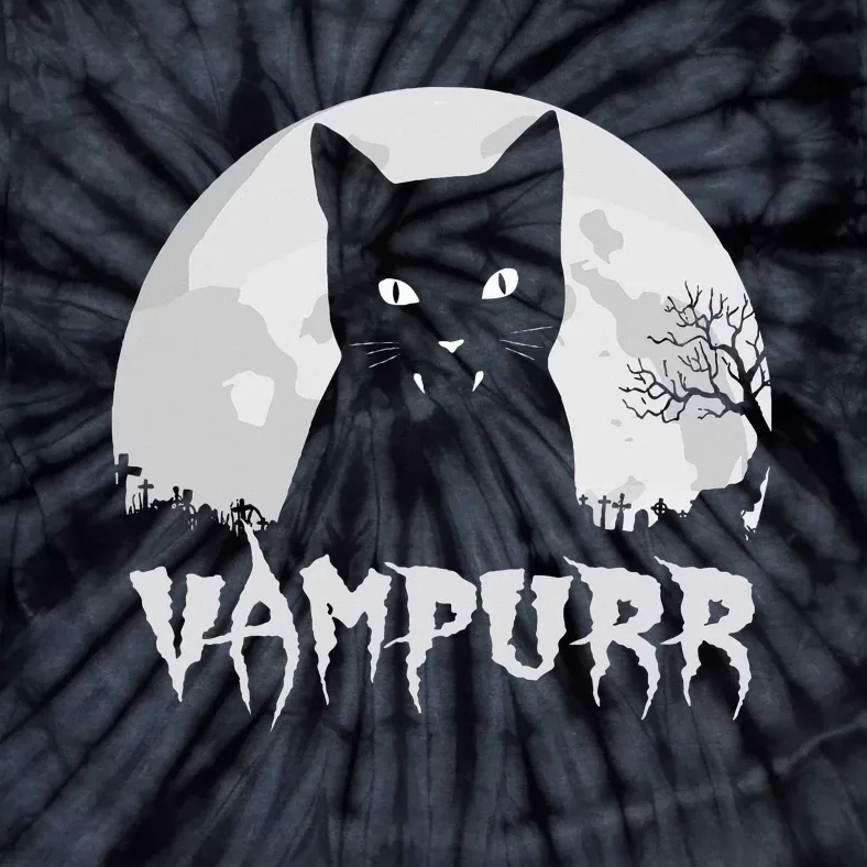 Halloween Black Cat Vampire With Full Moon Vampurr Pun Tie-Dye T-Shirt