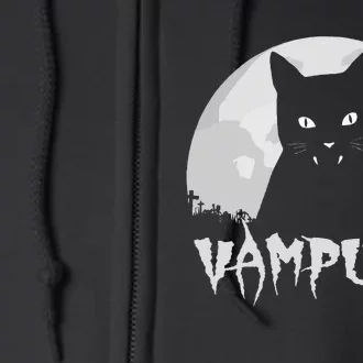 Halloween Black Cat Vampire With Full Moon Vampurr Pun Full Zip Hoodie