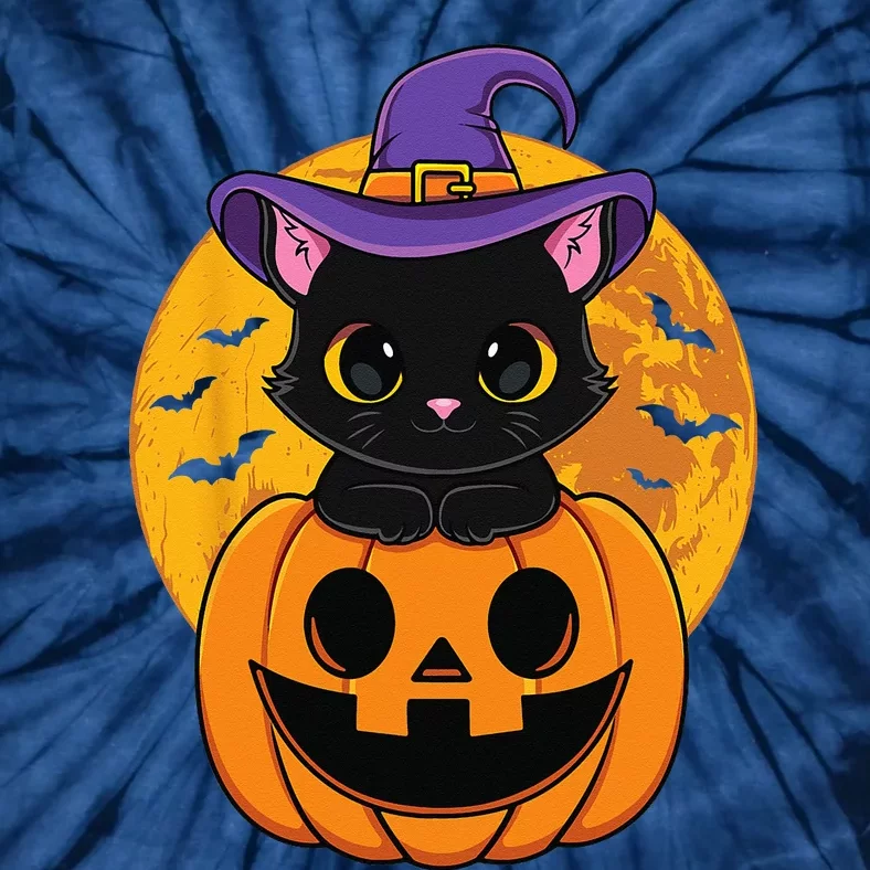 Halloween Black Cat Witch Hat Pumpkin Tie-Dye T-Shirt