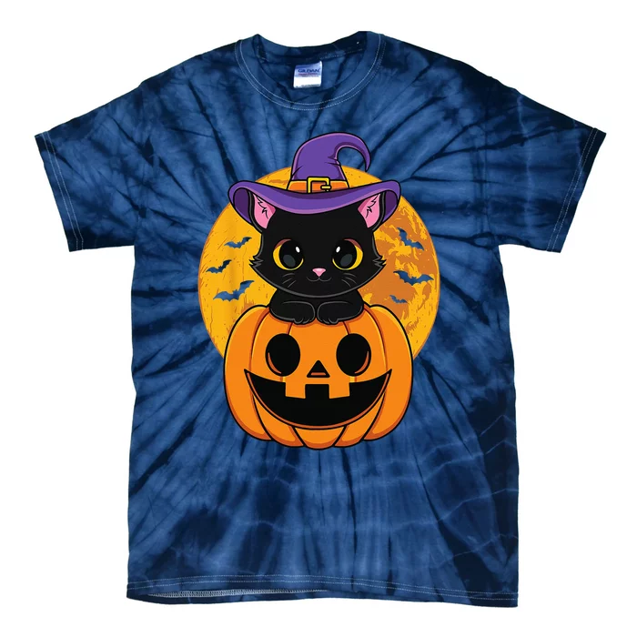 Halloween Black Cat Witch Hat Pumpkin Tie-Dye T-Shirt