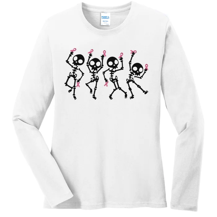 Halloween Breast Cancer Awareness Spooky Skeleton Ladies Long Sleeve Shirt