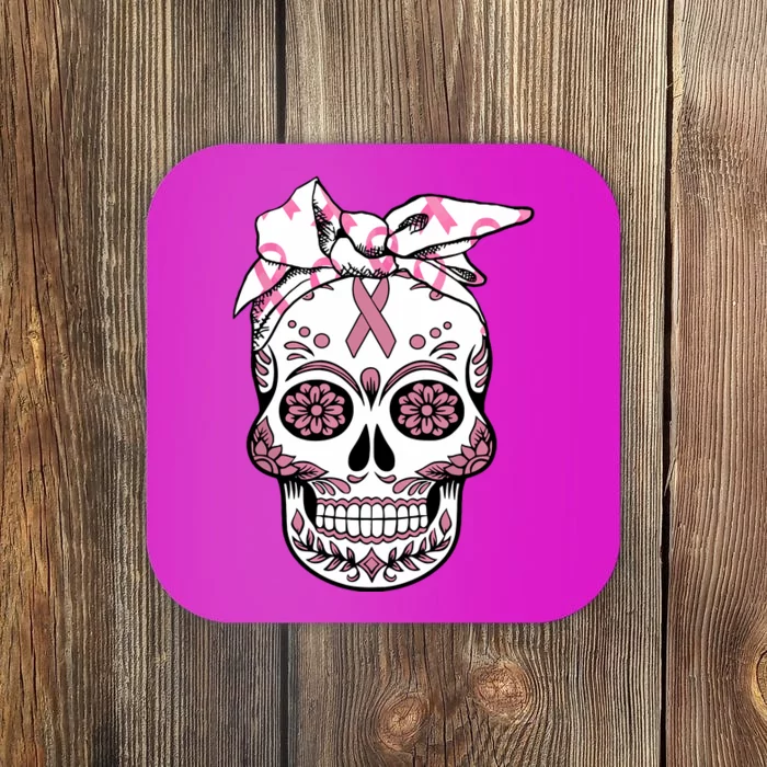 Halloween Breast Cancer Awareness Ribbon Skull Skeleton Coaster