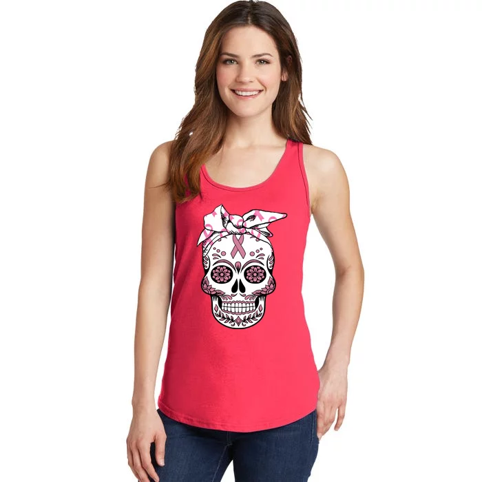 Halloween Breast Cancer Awareness Ribbon Skull Skeleton Ladies Essential Tank