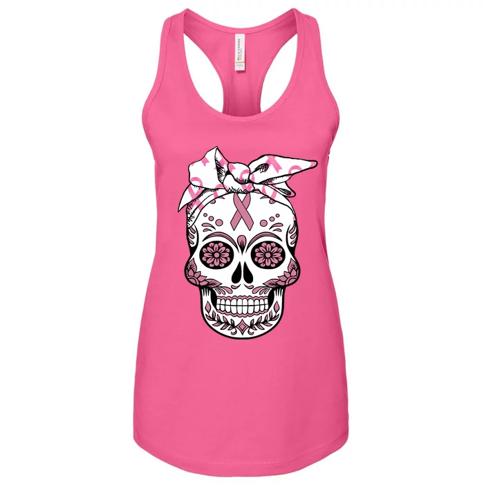 Halloween Breast Cancer Awareness Ribbon Skull Skeleton Women's Racerback Tank