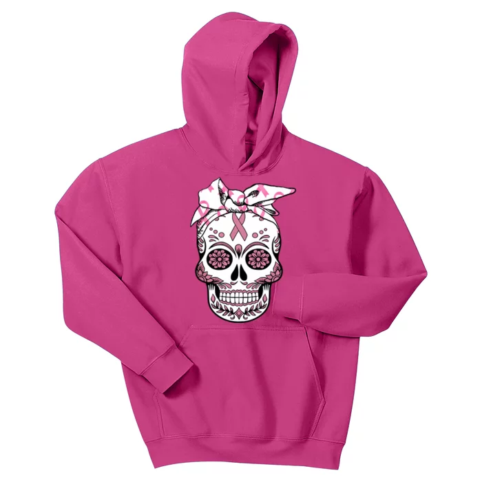 Halloween Breast Cancer Awareness Ribbon Skull Skeleton Kids Hoodie