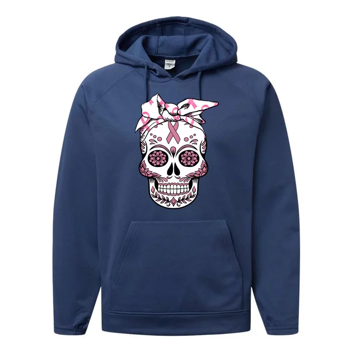 Halloween Breast Cancer Awareness Ribbon Skull Skeleton Performance Fleece Hoodie