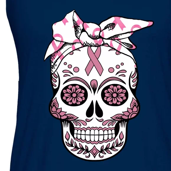 Halloween Breast Cancer Awareness Ribbon Skull Skeleton Ladies Essential Flowy Tank