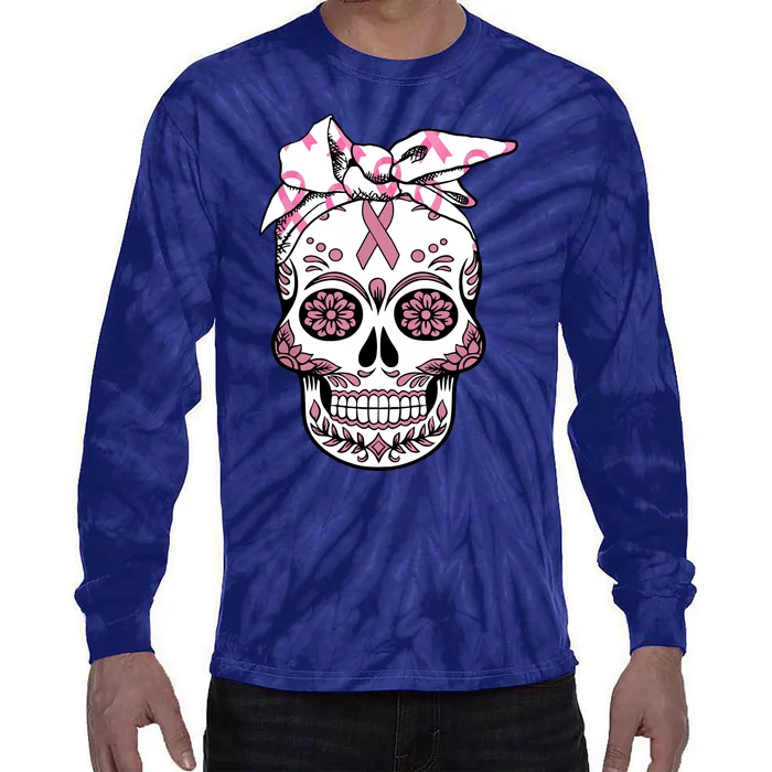 Halloween Breast Cancer Awareness Ribbon Skull Skeleton Tie-Dye Long Sleeve Shirt