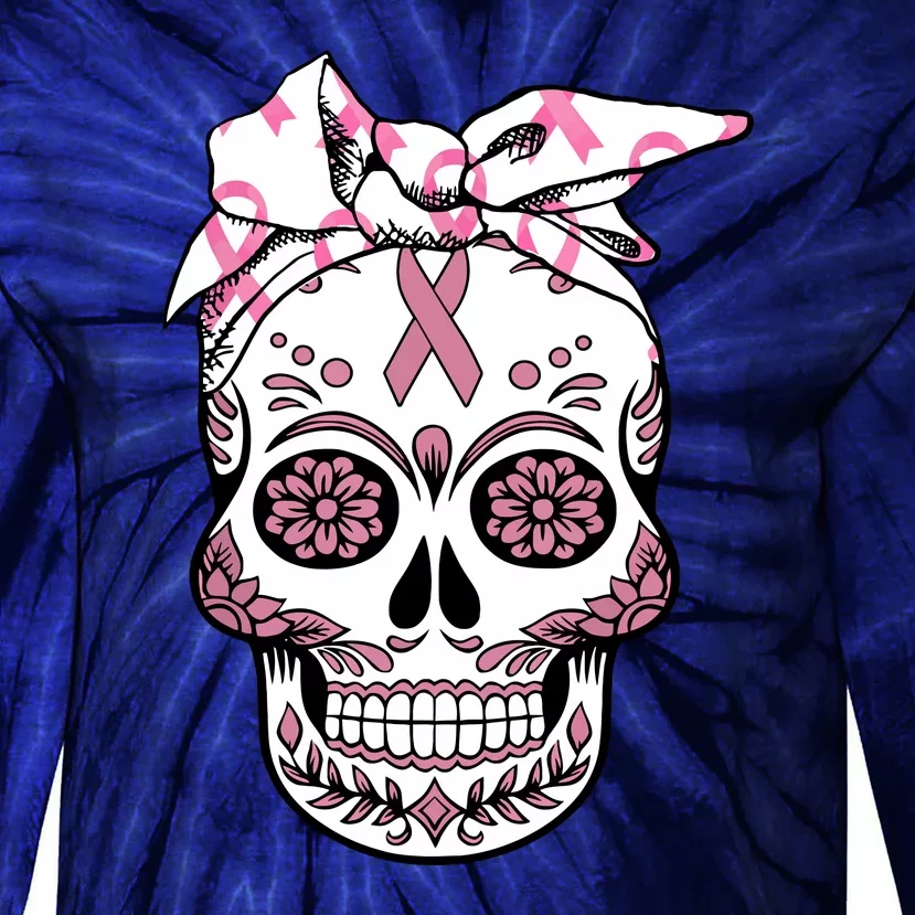 Halloween Breast Cancer Awareness Ribbon Skull Skeleton Tie-Dye Long Sleeve Shirt