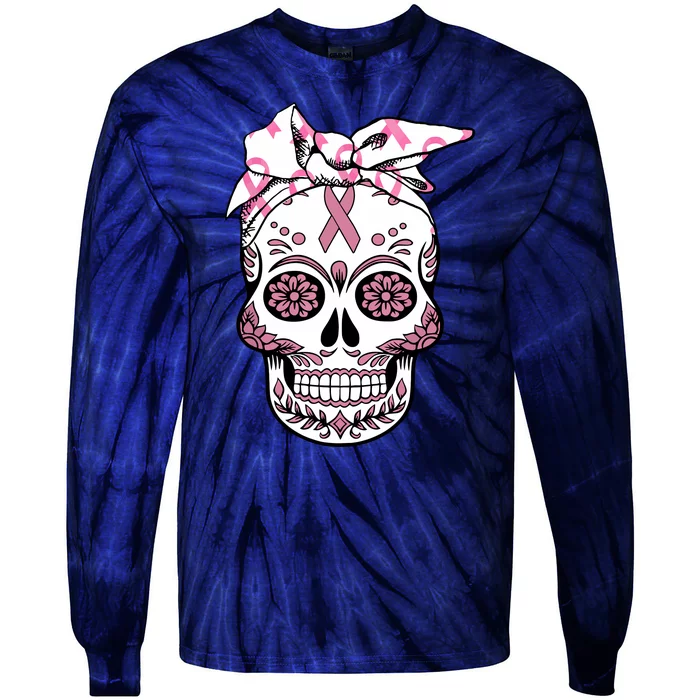 Halloween Breast Cancer Awareness Ribbon Skull Skeleton Tie-Dye Long Sleeve Shirt