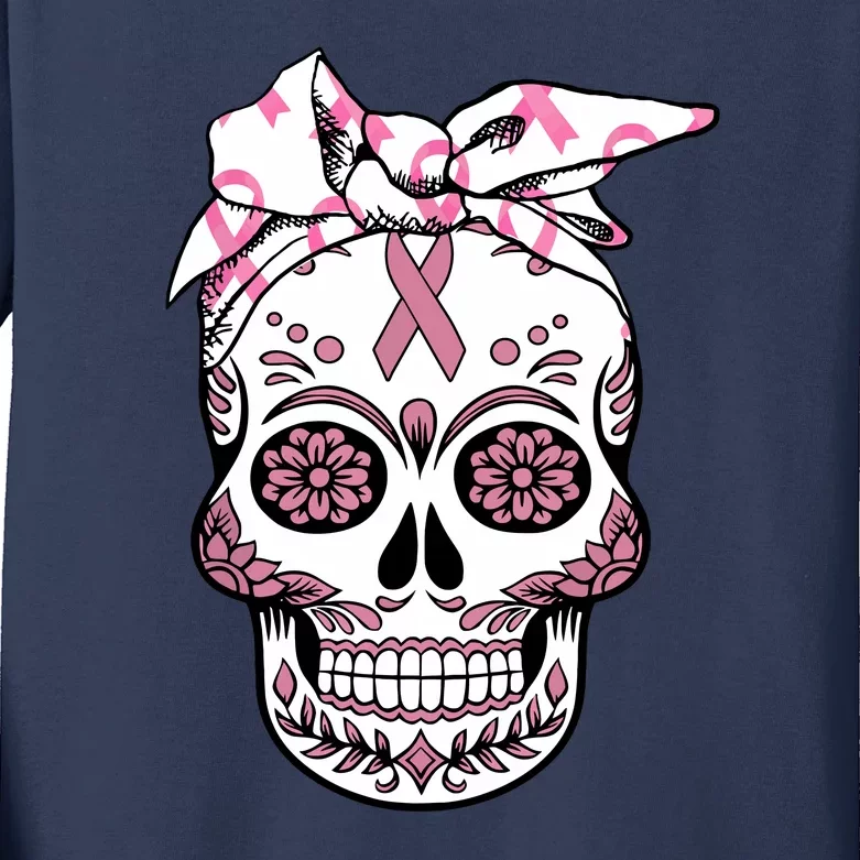 Halloween Breast Cancer Awareness Ribbon Skull Skeleton Kids Long Sleeve Shirt