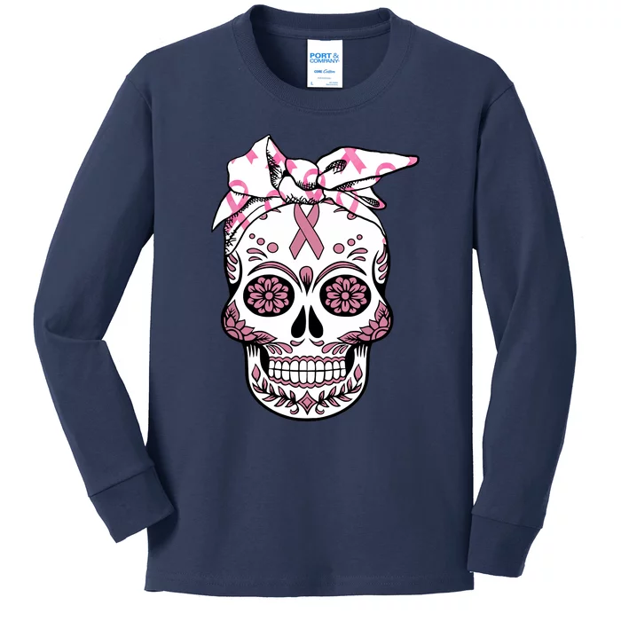 Halloween Breast Cancer Awareness Ribbon Skull Skeleton Kids Long Sleeve Shirt