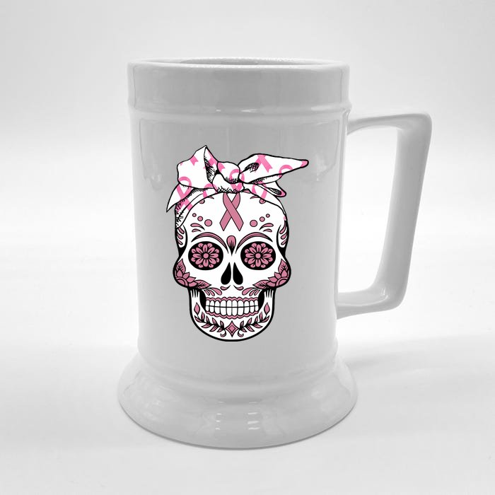 Halloween Breast Cancer Awareness Ribbon Skull Skeleton Front & Back Beer Stein