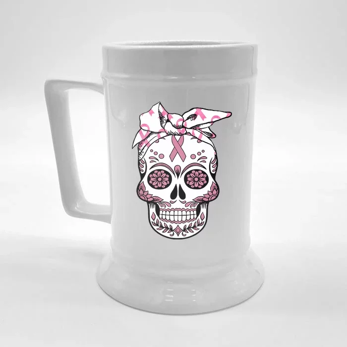 Halloween Breast Cancer Awareness Ribbon Skull Skeleton Front & Back Beer Stein