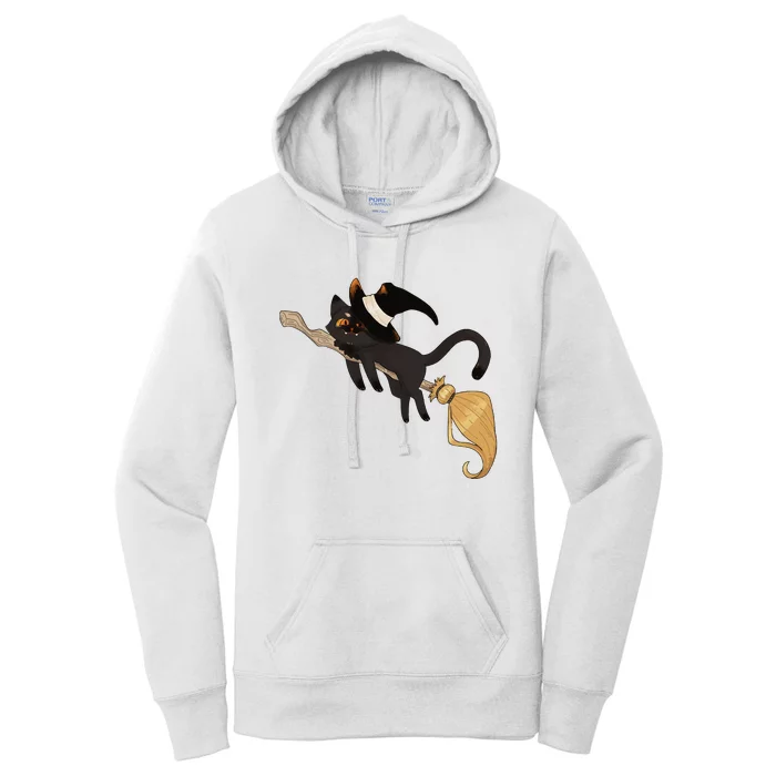 Halloween Black Cat Flying With A Broom Women's Pullover Hoodie