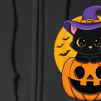 Halloween Black Cat Witch Hat Pumpkin Full Zip Hoodie