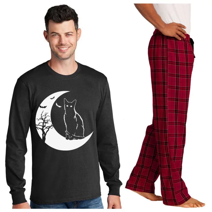 Halloween Black Cat Fanatics Cute Bat And Moon Gift Long Sleeve Pajama Set