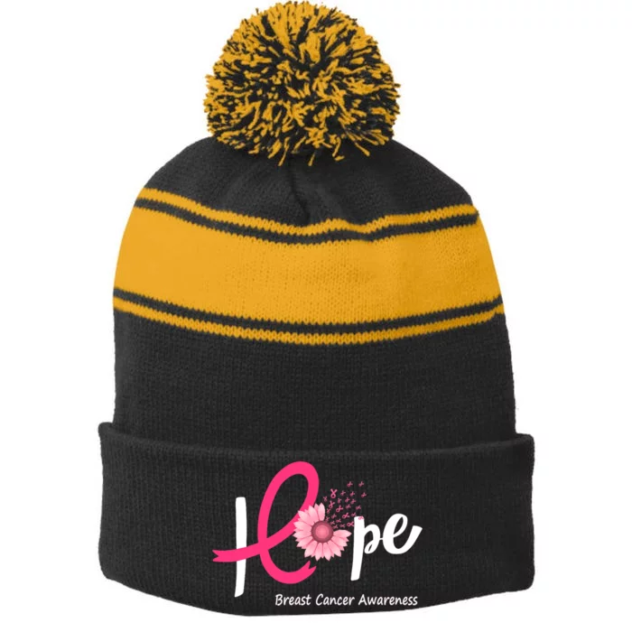 Hope Breast Cancer Pink Ribbons Sunflower October We Wear Pink Stripe Pom Pom Beanie