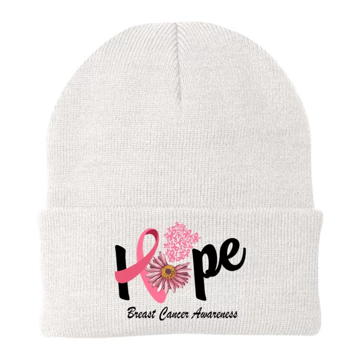 Hope Breast Cancer Awareness Flower Ribbon Knit Cap Winter Beanie