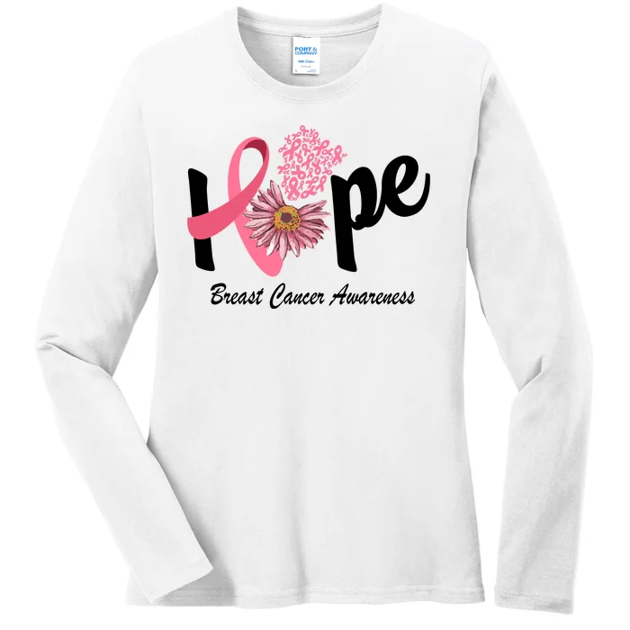 Hope Breast Cancer Awareness Flower Ribbon Ladies Long Sleeve Shirt