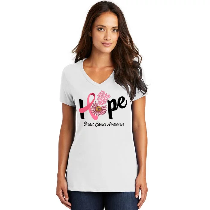 Hope Breast Cancer Awareness Flower Ribbon Women's V-Neck T-Shirt